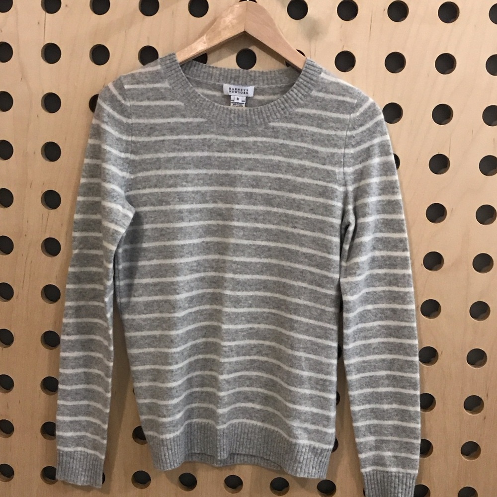 Barneys New York 2-Ply 100% Cashmere Sweater in Gray and White Stripes